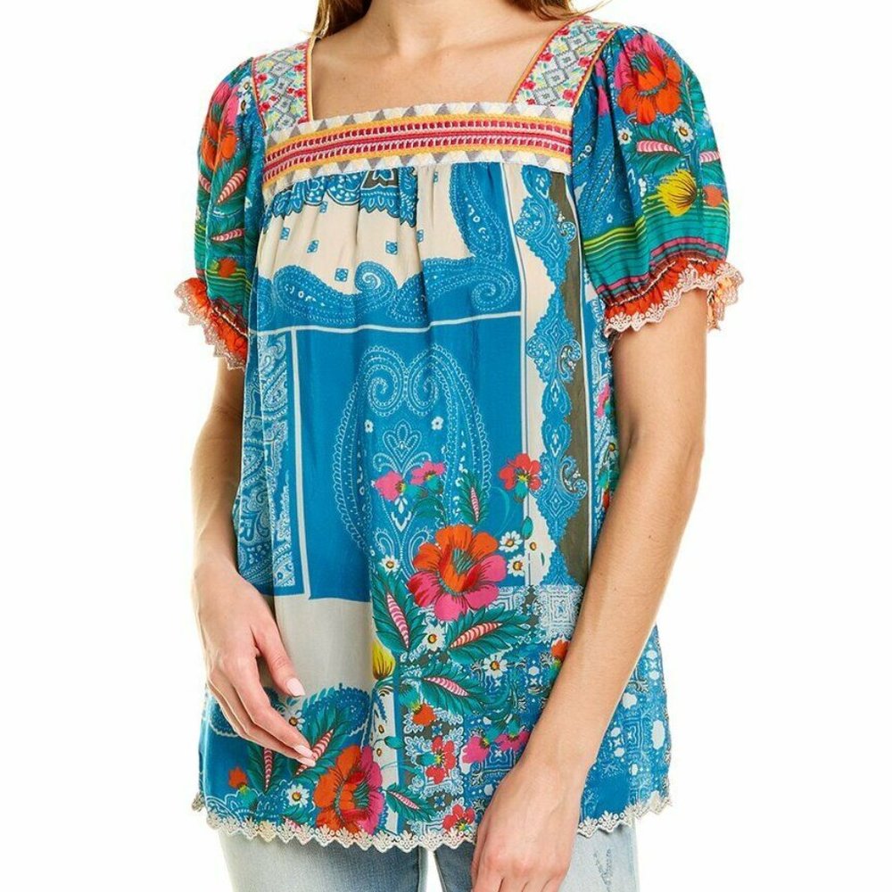 Johnny Was NWT Women's Blue Multi HILLARY Floral Paisley Embroidered Top, Small